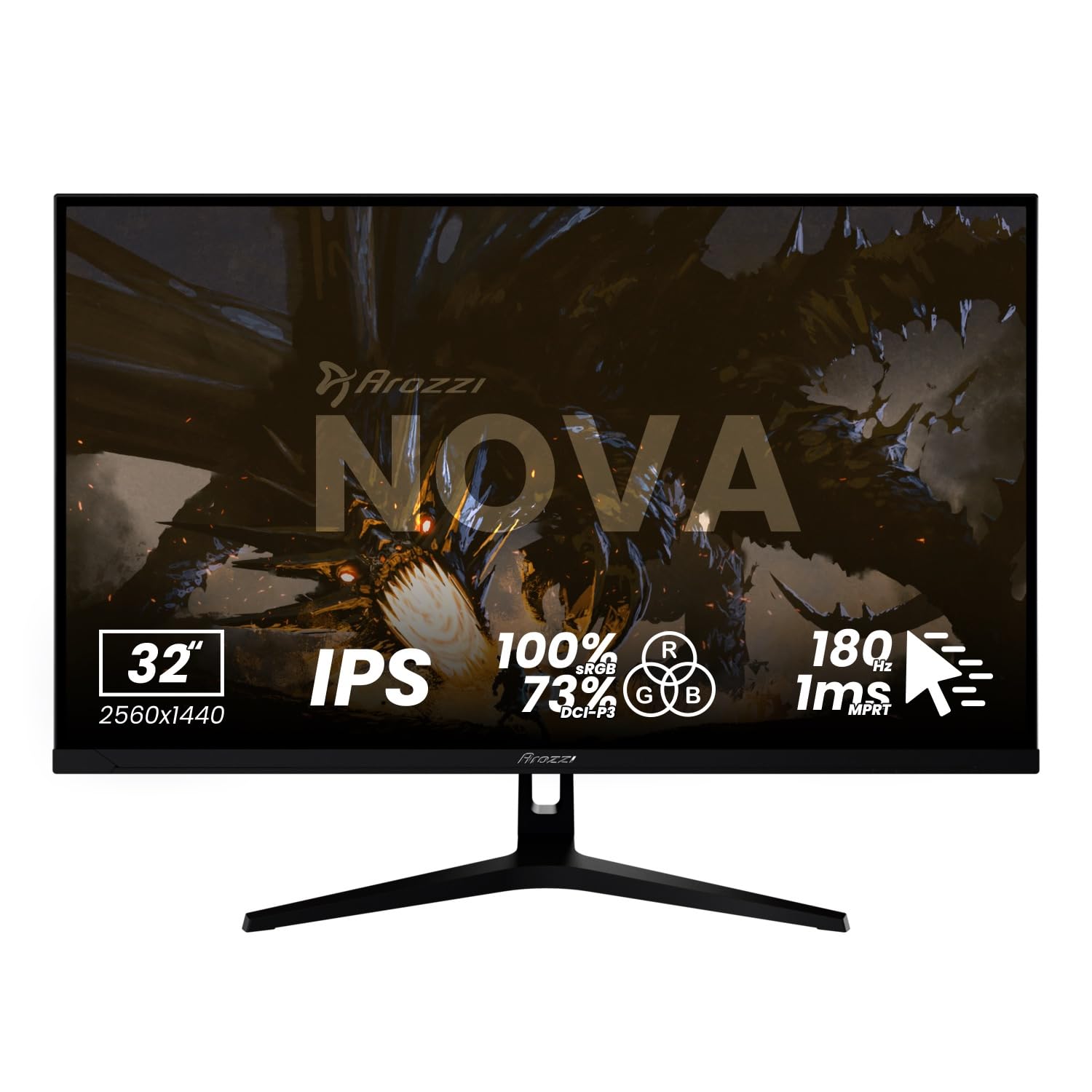 Arozzi Nova 32" Monitor Gaming IPS QHD 2560×1440, 180 Hz, 1 ms, FreeSync, HDR, Altavoces Integrados – Negro
