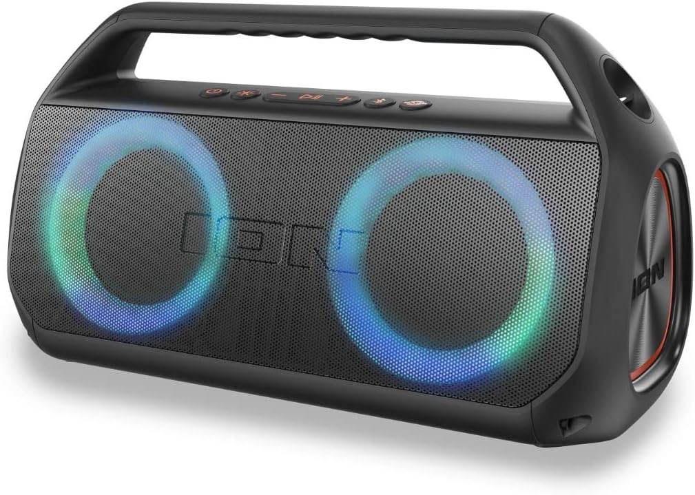 Ion Audio Uber Boom - Water resistant Portable Bluetooth Speaker with Party Lights, Built-in Microphone and Stereo-Link (Renewed)