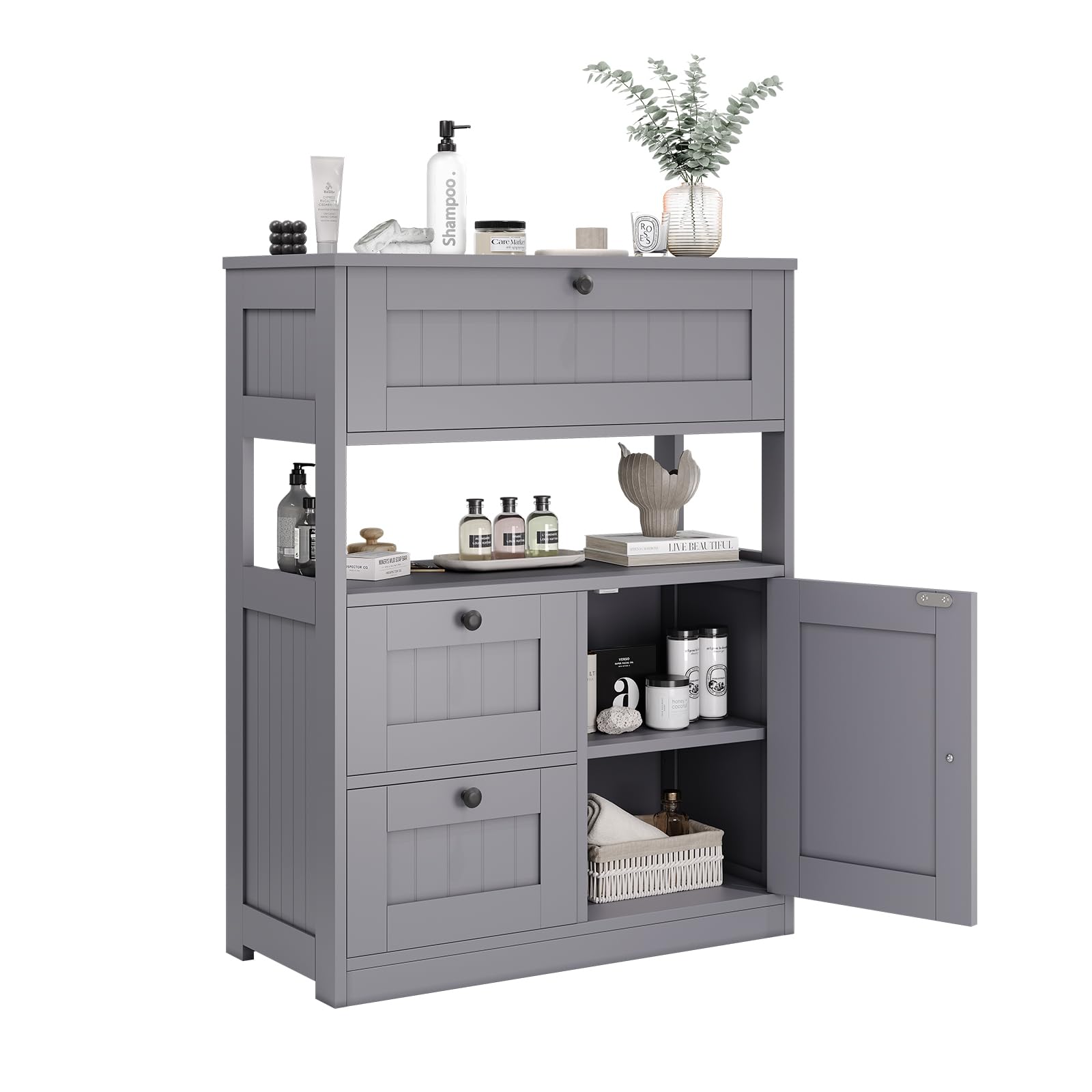 GRUSIGN Bathroom Cabinet, Modern Bathroom Floor Storage Cabinet Organizer with 1 Door and 3 Drawers, Freestanding Cupboard for Kitchen/Living Room Use