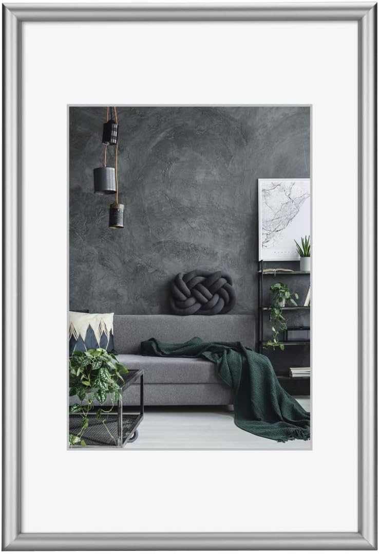 Hama Detroit Picture Frame 29.7 x 42 cm (Aluminium Frame, Photo Frame, Portrait Format, Landscape, for Hanging, Hanging, with Mount, Shatterproof, Picture Size 29.7 x 42 cm, Polystyrene) Silver