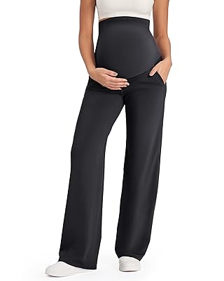 G4Free Maternity Pants Over The Belly Yoga Dress Work Pregnancy Pants Stretchy Lounge Wide Leg Trousers with Pockets