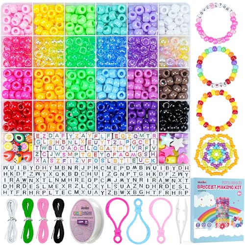 Gionlion 1000PCS Pony Beads Bulk Bracelet Making Kit 24 Colors Kandi Beads for Bracelets and Jewelry Making Letter Beads and Charms for DIY Hair Braiding Craft and Gift for Girls