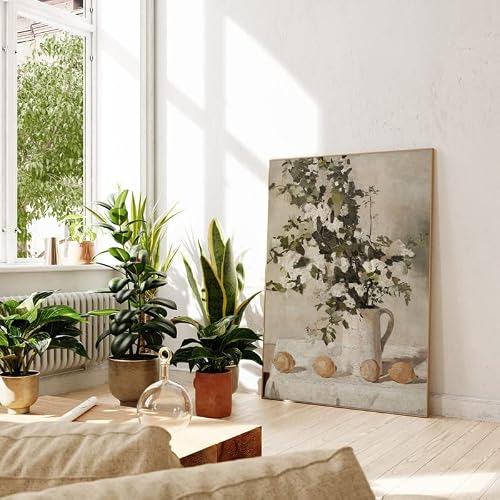 Rcbdus Botanical Wall Art Bathroom Wall Decor Vintage Flower Art Still Life Painting White Flower Vase Art Print Vintage Farmhouse Kitchen Art 12X16In(Unframed) #TOP1