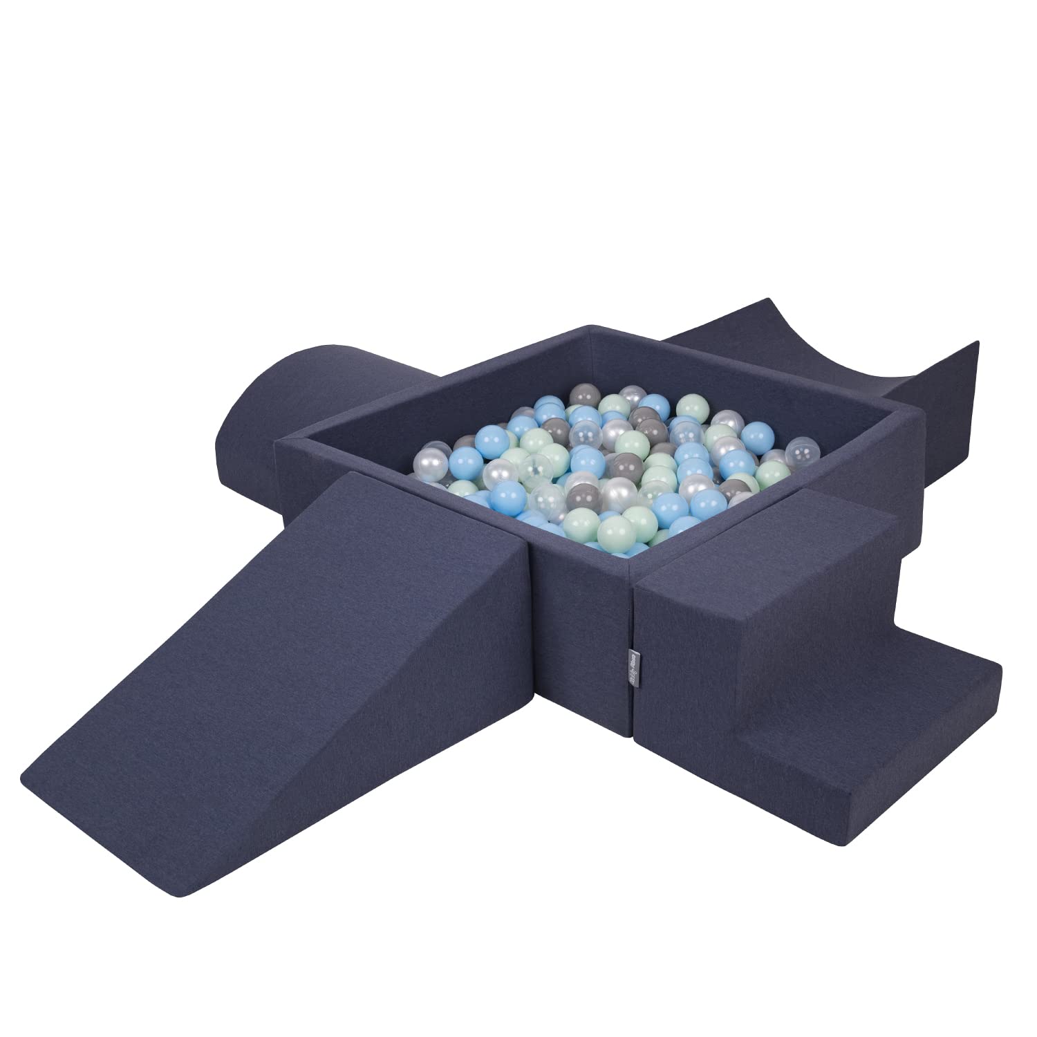 KiddyMoon Foam Playground For Kids With Square Ballpit (200 Balls ∅ 7Cm/2.75In) Soft Obstacles Course And Ball Pool Made In EU, Darkblue:Pearl/Grey/Transparent/Babyblue/Mint