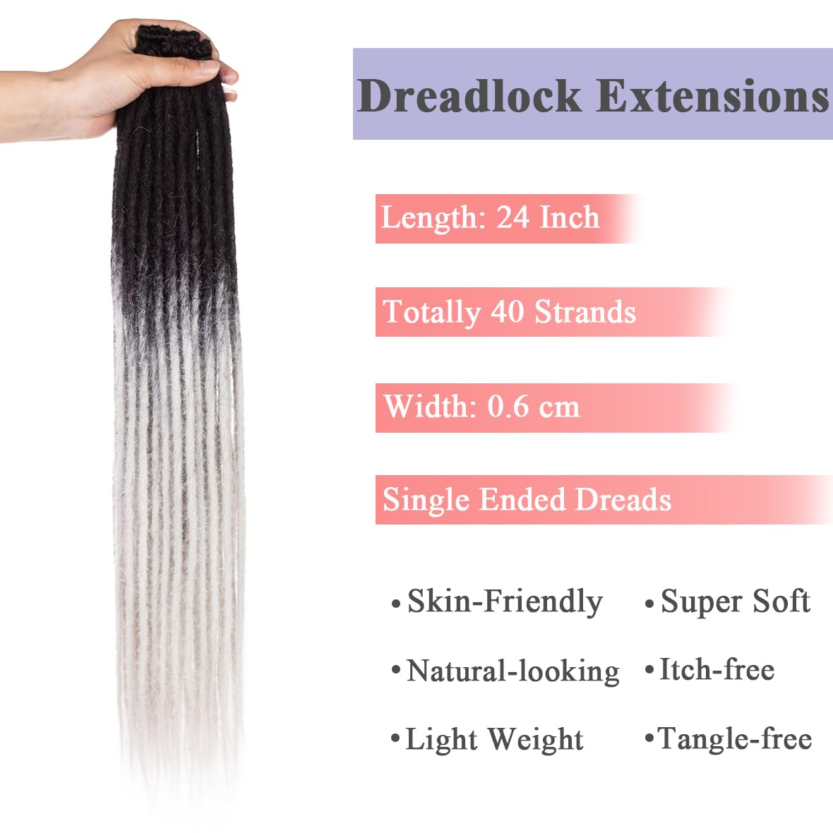 Leeven 24 Inch Ombre Grey Dreadlock Extensions 40 Strands Soft Reggae Braid Locs 0.6 Width Single Ended Dreads Synthetic Handmade Crochet Locs Hippie Dreadloc TGREY# - Image 3