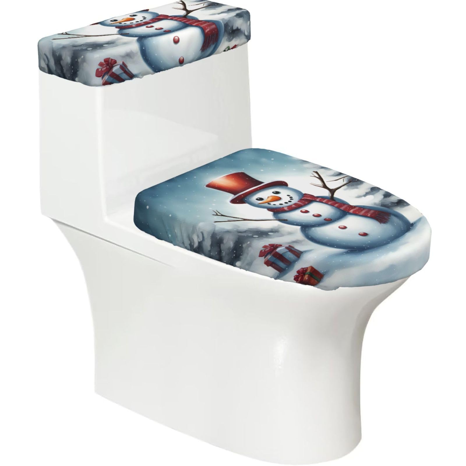 Christmas Snowman Print Cozy Toilet Seat Warmer Cover Set Stretch Tank Lid Cover Bathroom Essentials For Most Toilets