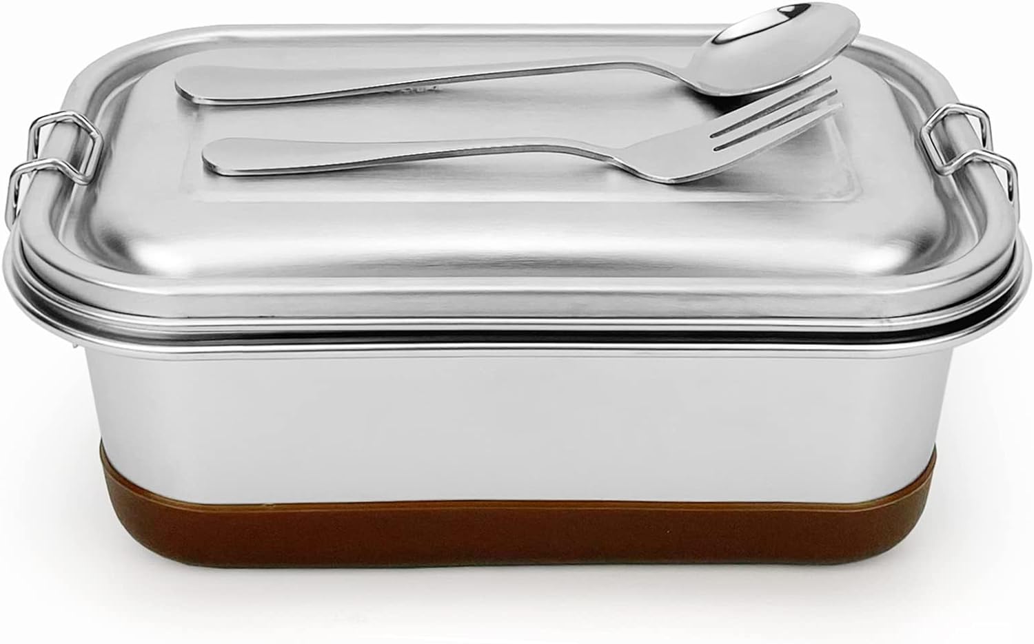 Lunbengo Large Metal Lunch Container with Leakproof Lid, Stainless Steel Meal Prep Container with 500ml Divided Compartments - Spoon&Fork/Anti-slip Rubber, 8.7'' x 5.5'' 07B01