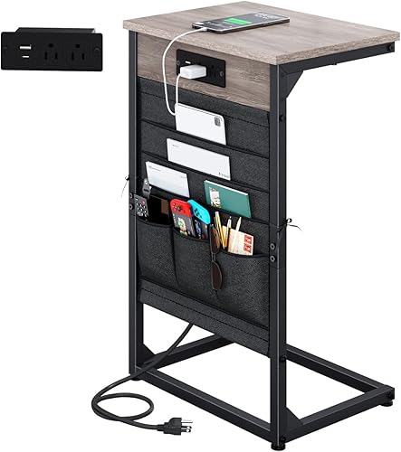 Mesa auxiliar en forma de C con estación de carga rápida, mesa auxiliar de sofá pequeña con bolsa de almacenamiento, mesa de bandeja de sofá para