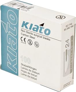 KIATO No.24 NON-STERILE SWEDISH Carbon Steel Semi Circular Cutting Edge Ultra Thin Sharp Surgical Scalpel Blades Individually Wrapped in Foils Disposable 100-count Box Long Expiry Date