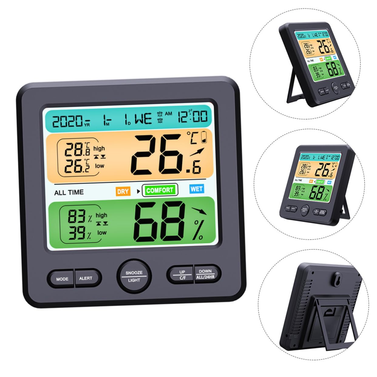 Thermohygrometer Uhr mit LED Display, Faltbarer Halter, Abs Schwarz | 1 Stück, ohne Batterie, für Wand oder Tisch, Temperatur ±1 °c, Luftfeuchte ±5 % Rh