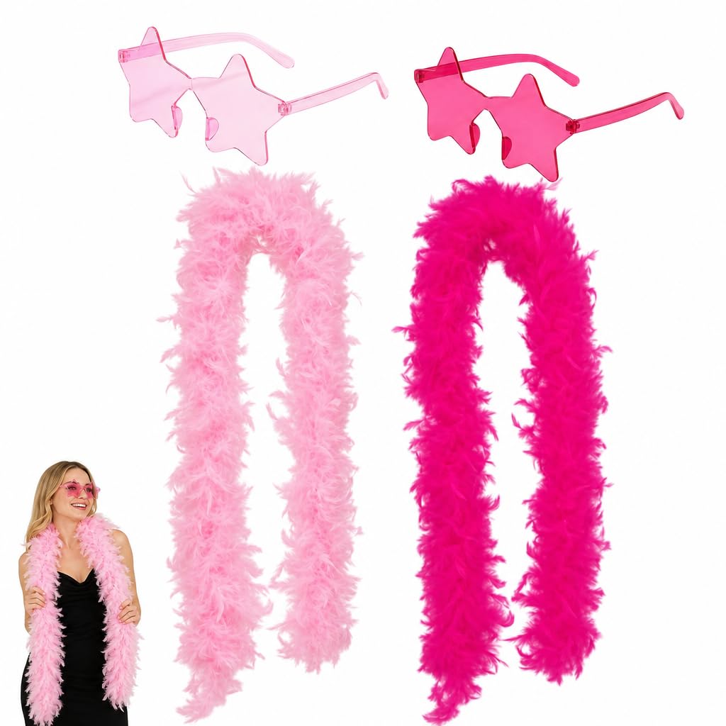 Eivxxky 4PCS Feather Boas, Pink Feather Boa Set With Star Glasses