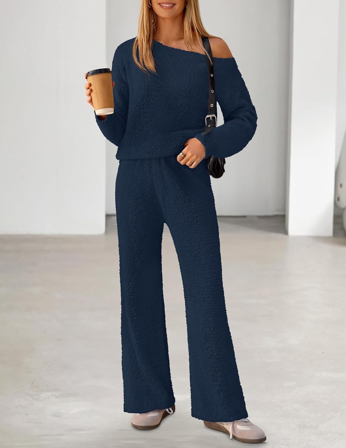 MEROKEETY Women's Fall Pajama Set Fuzzy Fleece 2 Piece Loungewear Off Shoulder Sweater Tops Wide Leg Pants Matching Outfits - Image 3