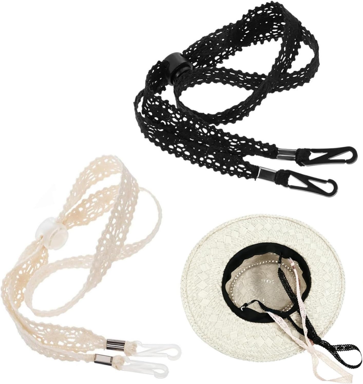 2PCS Adjustable Hat Strap Clips, Windproof Adjustable Wide Lace Chin Cord, Sun Hats Chin Strap Replacement for Sun Hats, Fisherman Hats, Boonie Hats, Wide Brim Fishing Hats Beige, Black