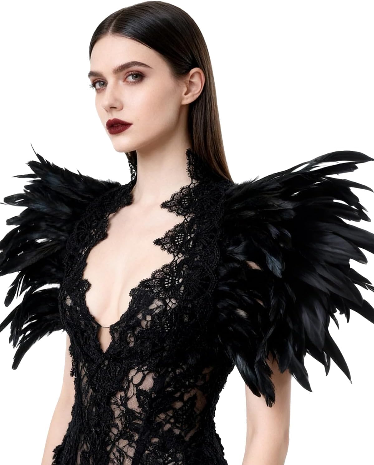 L'VOW Women Real Black Feather Shrug Cape Shoulder Wrap Lace Collar