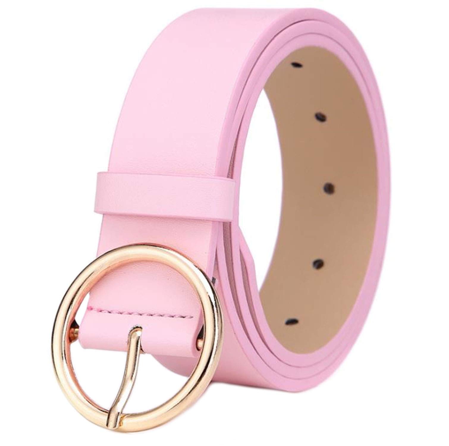 MESHIKAIER Women Fashion PU Leather Belt Casual Waist Belt with Round Metal Buckle (Pink)