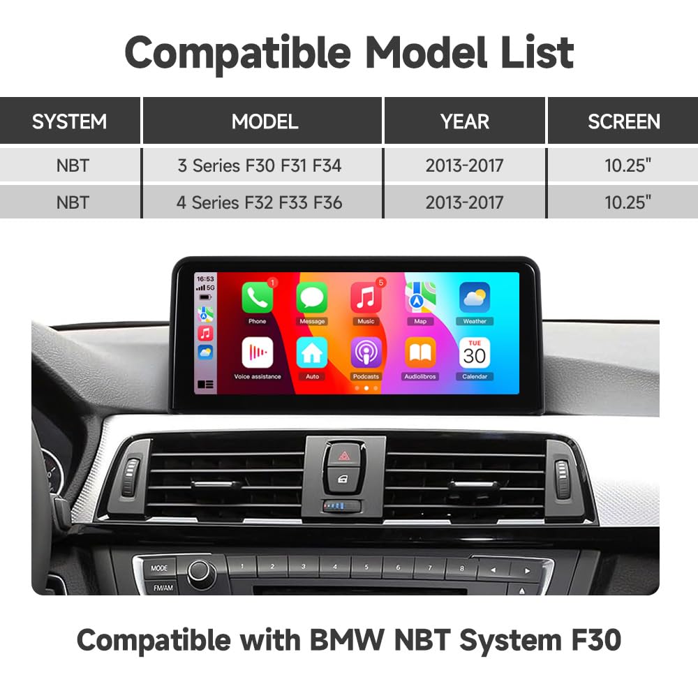 VIBEX 10,25 pollici Autoradio Carplay Wireless & Android Auto Wireless per BMW serie 3 4 F30/F31/F32/F33//F34/F36 2012-2016 con sistema NBT, Touchscreen Stereo Ricevitore con AirPlay Link, Siri