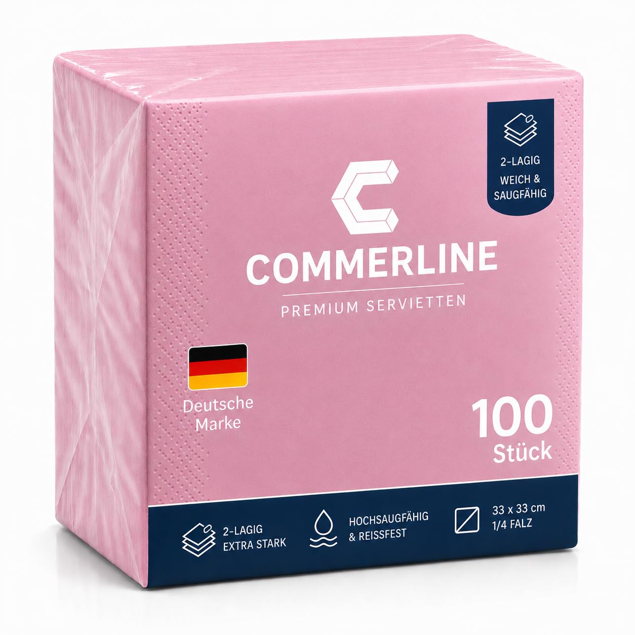 Commerline 1000 sztuk różowych serwetek 33 x 33 cm, 2-warstwowe, składane 1/4 – miękkie i chłonne serwetki papierowe do gastronomii, restauracji, cateringu, na imprezę, urodziny i wydarzenia