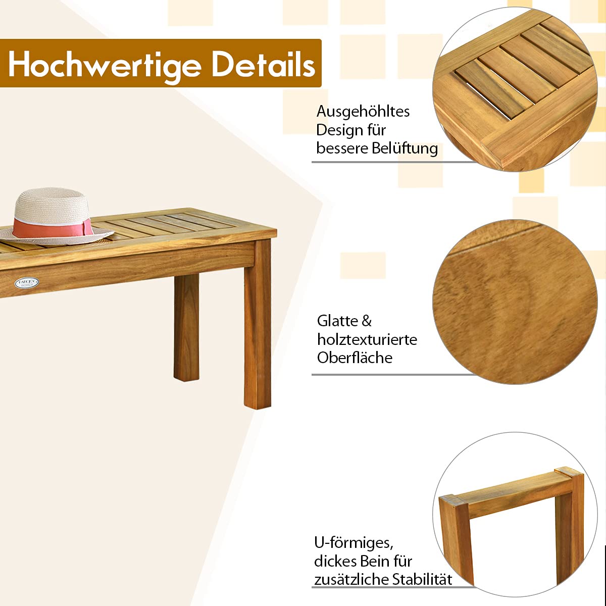 COSTWAY Tuinbank zonder rugleuning, 2-zitbank, weerbestendig, houten bank van massief hout, tot 360 kg belastbaar, balkonbank, parkeerbank voor tuin, balkon, terras, 132 x 34 x 43,5 cm COSTWAY Tuinbank zonder rugleuning, 2-zitbank, weerbestendig, houten bank van massief hout, tot 360 kg belastbaar, balkonbank, parkeerbank voor tuin, balkon, terras, 132 x 34 x 43,5 cm