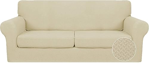 Funda elástica para sofá de 3 piezas, funda de sofá para sofá de 2 cojines, protector suave lavable para mascotas, beige claro, grande