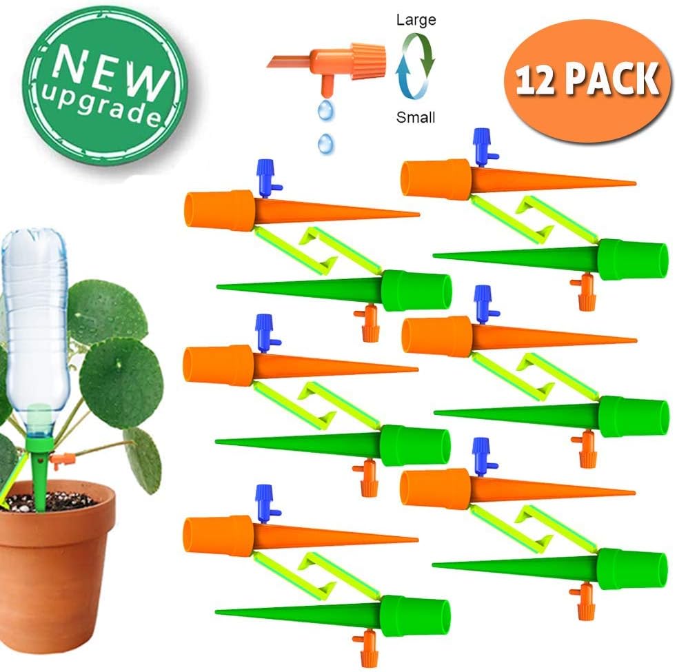 TAOPE Plant Self Watering Spikes System with Slow Release Control Valve Switch Self Irrigation Watering Drip Devices, Plant Waterer with Anti-Tilt Anti-Down Bracket (12PACK)