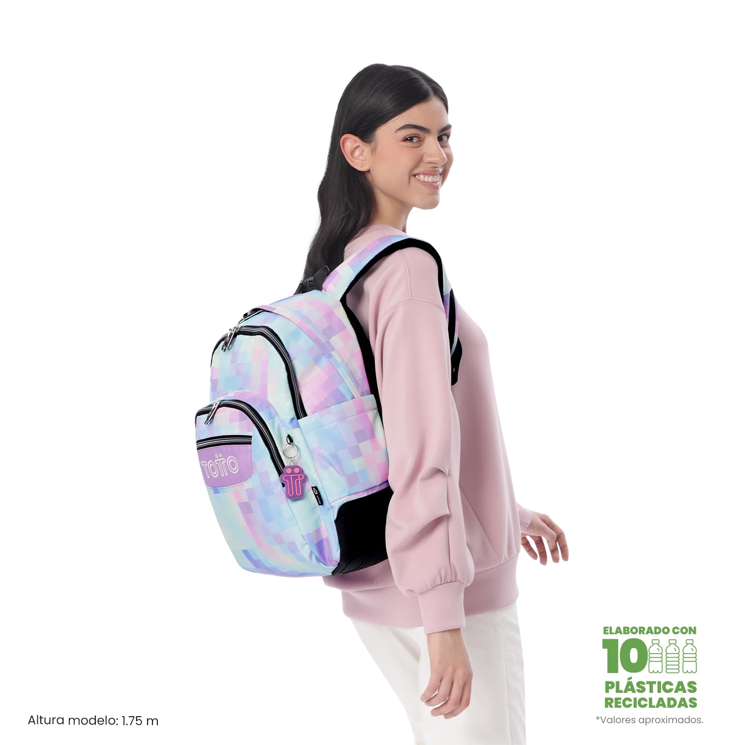 TOTTO - Mochila Escolar Grande, Modelo Rayol Glitter, Capacidad 19 L, 3 Compartimentos, 2 Bolsillos Botella, Bolsillo PC 14", Espaldar Ergonómico con Flujo de Aire, Correas en S, Estampado Pixelly