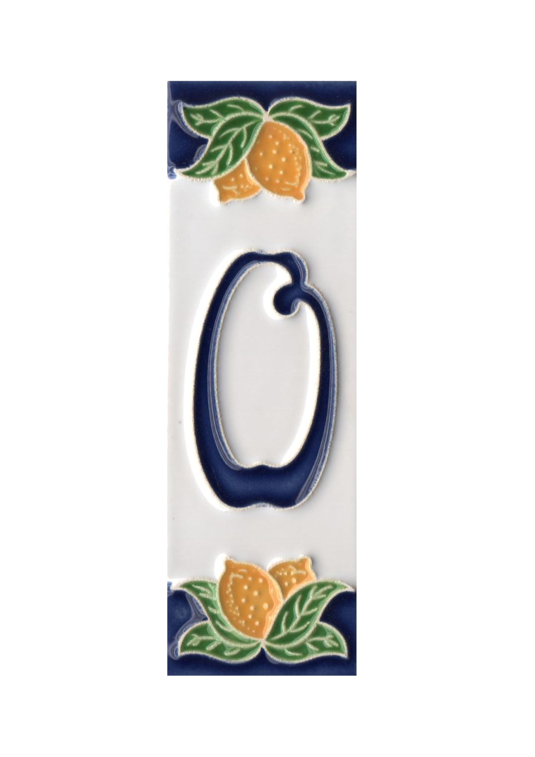 House Numbers, Italian Ceramic Numbers & Letters Tiles, Lemon Design, Tile Size: 10cm x 3.3 cm (Letter F) (Number 0 tile)