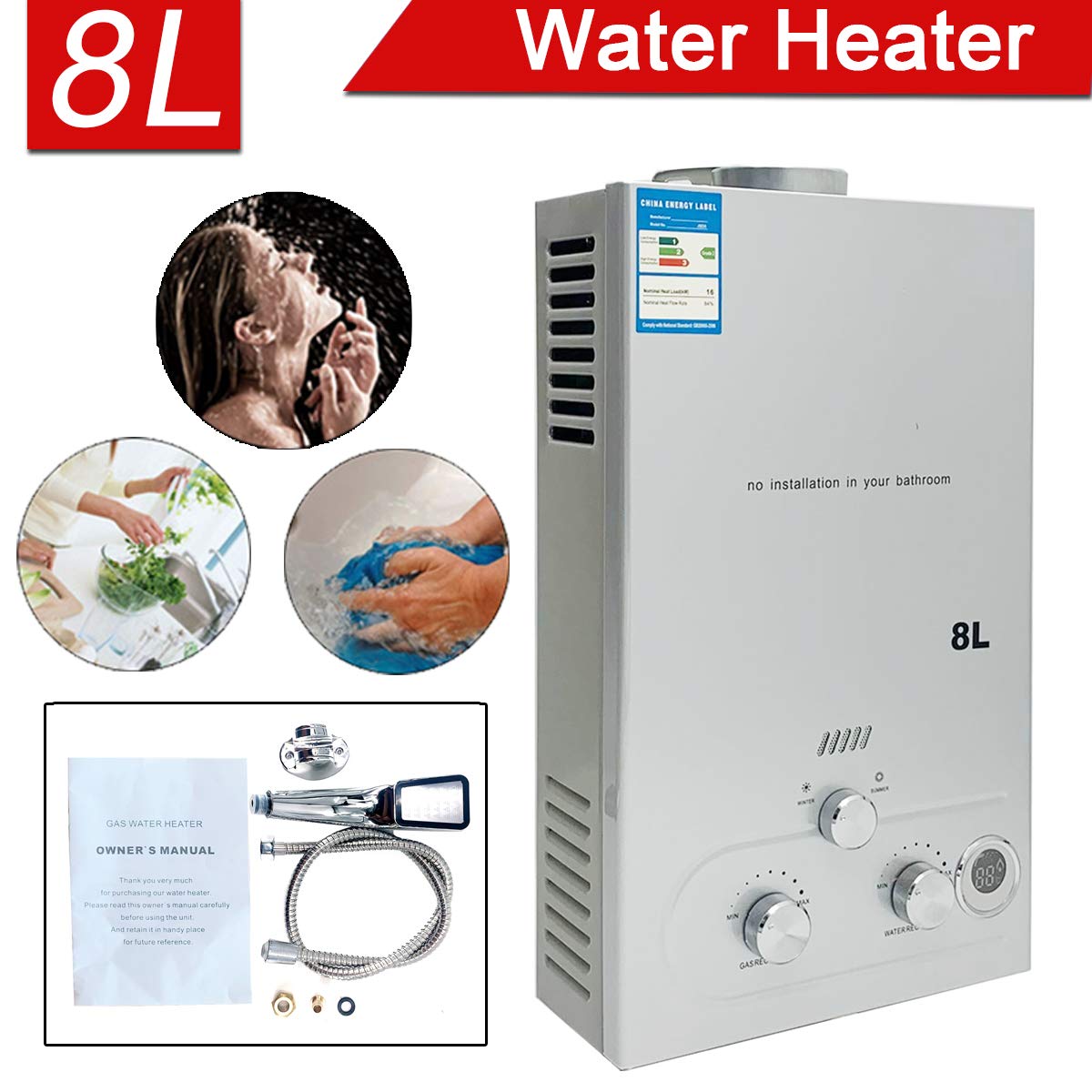 8L 16KW Tragbarer Gas Durchlauferhitzer Propangas Campingdusche für Außenbereich Bad Warmwasser LPG Warmwasserbereiter Tankless Instant, Silber