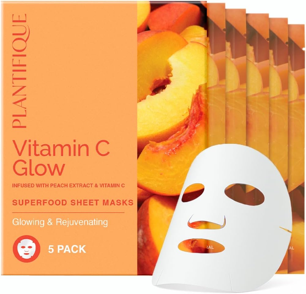 PLANTIFIQUE Facial Sheet Mask Vitamin C Glow 5 Pack – Rejuvenating & Glowing Face Mask Sheets Pack with Peach & Vitamin C – Korean Skincare for Dull Skin