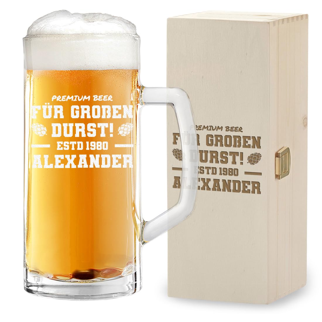 polar-effekt 2-TLG Geschenk-Set Bierkrug 0,5 Liter und Holzkiste zum Geburtstag mit Gravur - Bierseidel Vatertagsgeschenk - Bierglas zum Jubiläum mit Füllstrich - für Papa, Opa und Freund