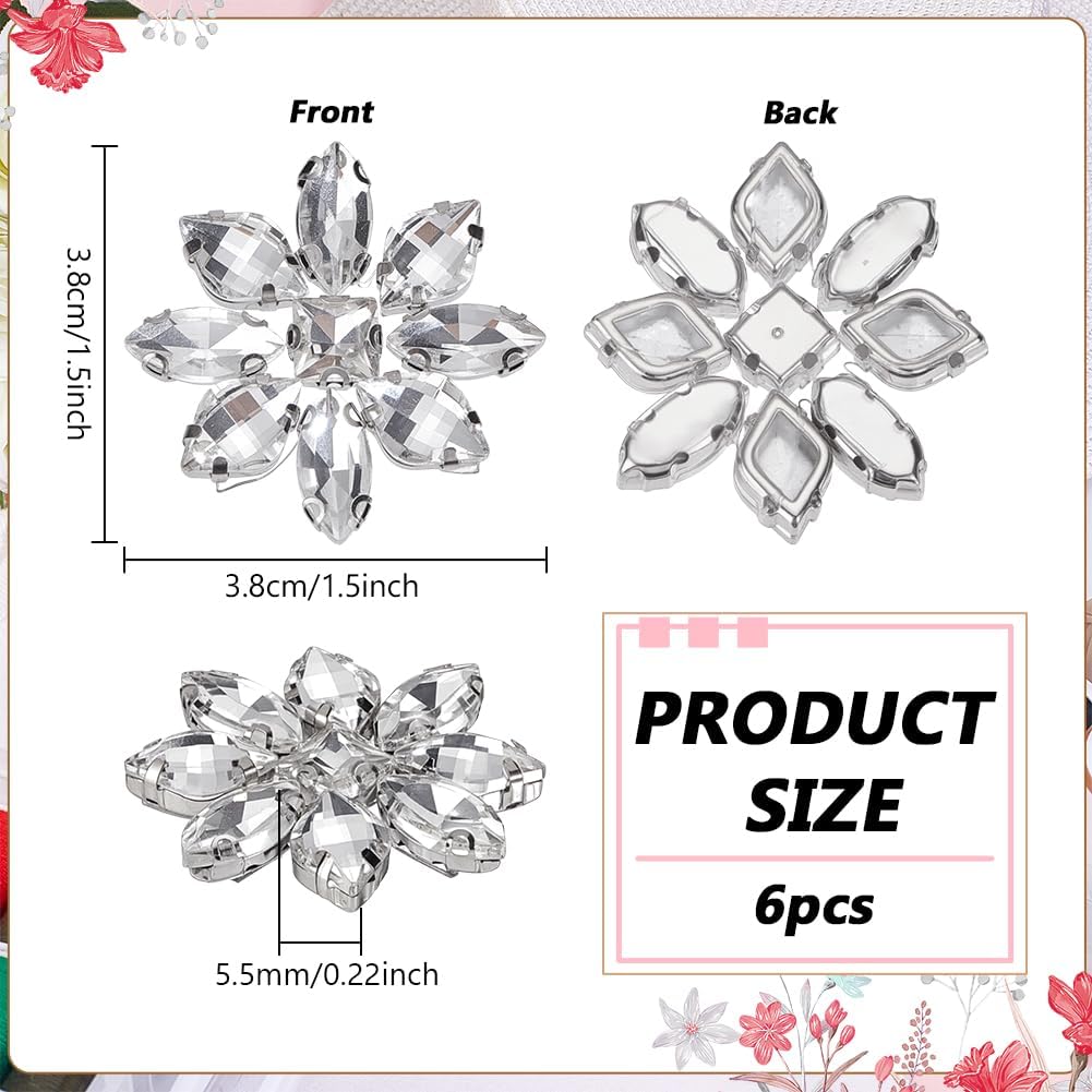FINGERINSPIRE 6PCS Flower Hotfix Rhinestone Applique Crystal Iron on Patch | 1.5x1.5inch Platinum Clear Rhinestone Cabochons Applique, Flower Crystal Patch for Wedding Bridal Wedding Dress DIY Garments