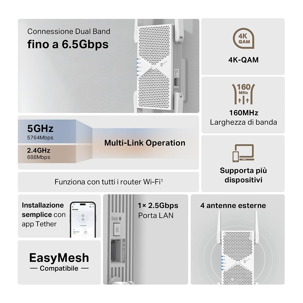 TP-Link RE405BE Ripetitore WiFi 7 Dual-Band BE6500Mbps, Porta Ethernet 2.5G, EasyMesh, MLO, Roaming Intelligente, Configurazione WPS/App, Compatibile con Tutti i Box Internet, 160 MHz, 4K-QAM
