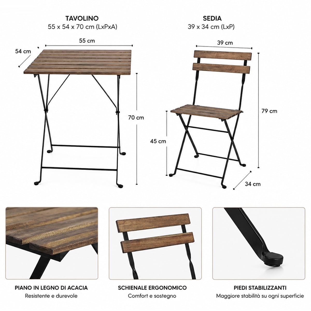 Brigros Set Bistro Tavolino + 2 Sedie Acacia Marrone