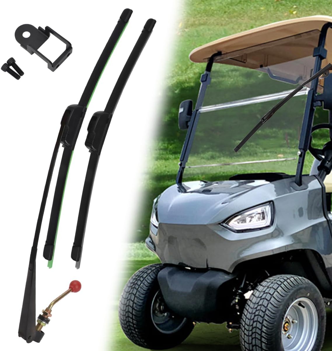 No Drill Universal Golf Cart Windshield Wiper Blade Kit with Manual Wiper Arm and Bracket, Fit for Ezgo | Yamaha | Club Car, with A Frameless Wiper Blade Replacement