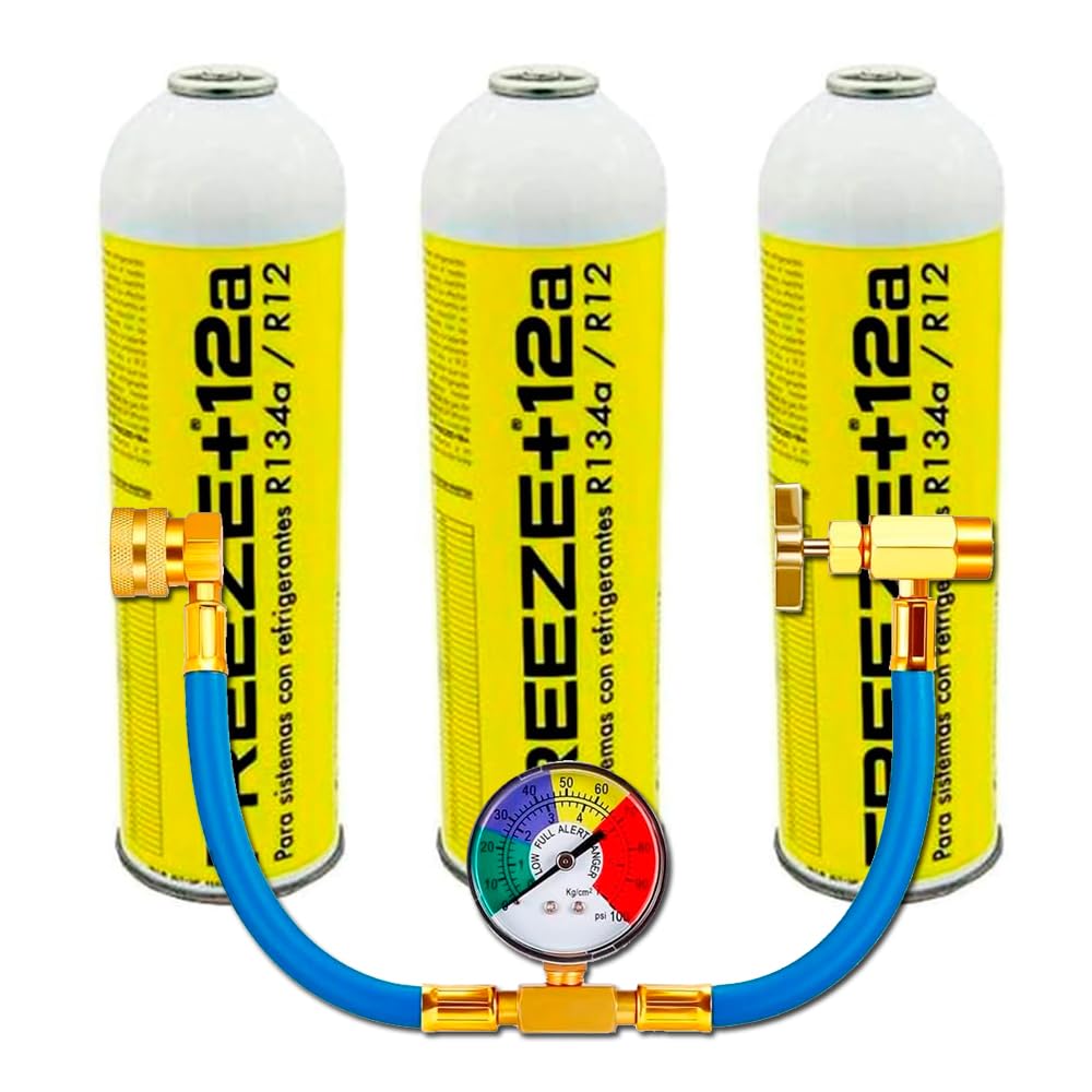 KIT Genérico Gas Orgánico R-134a / R12 (3 Botellas 1000ml + Manguera de Carga con manómetro con control de Carga para Aire Acondicionado Coche.