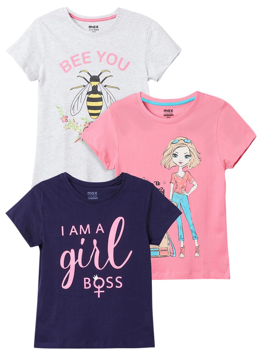 Max Girls Cotton Regular Printed T-Shirt - Pack of 3