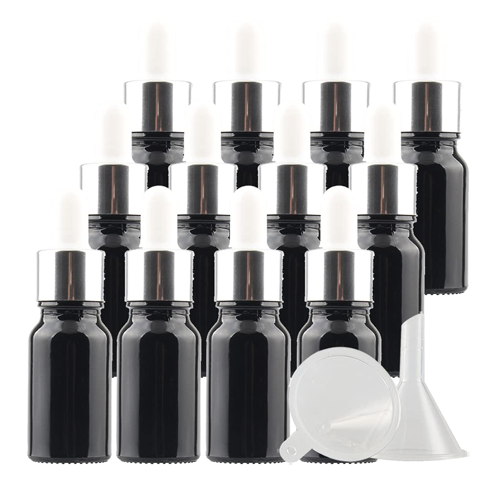 24 Pezzi 10 ml Bottiglie Contagocce in Vetro Nero con Pipetta Tappo a Vite Argento per Oli Essenziali, Contenitori di Aromaterapia, Cosmetici
