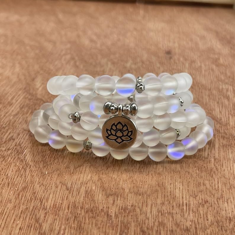 Naturalny kamień księżycowy 8 mm 108 koralików mala, duchowe, koraliki do medytacji, Reiki, Japa Mala, buddyjskie koraliki modlitewne, bransoletka do jogi, koraliki lecznicze