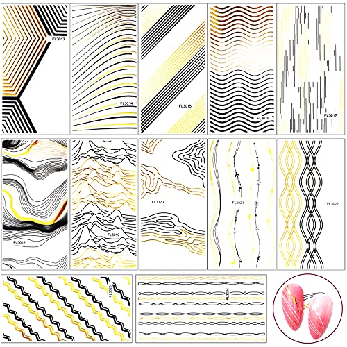 Nagelsticker Linienmuster, Nail Art Stickers, 12 Blatt Gold Nail Art Sticker, 3D Design Nagel Stickers, Selbstklebende…