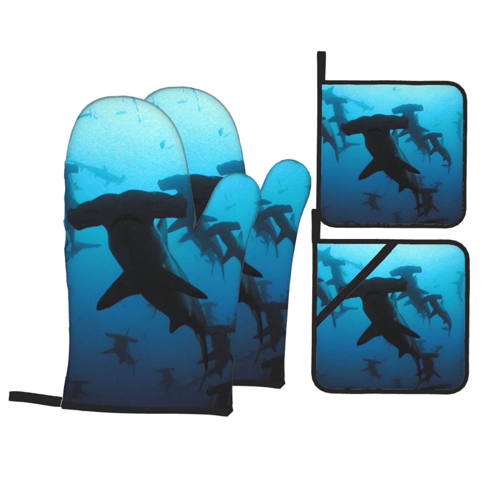 Hammerhead Sharks Print Stylish Heat-Resistant Oven 4-Piece Set Kitchen Gloves Roasting Daily Cooking