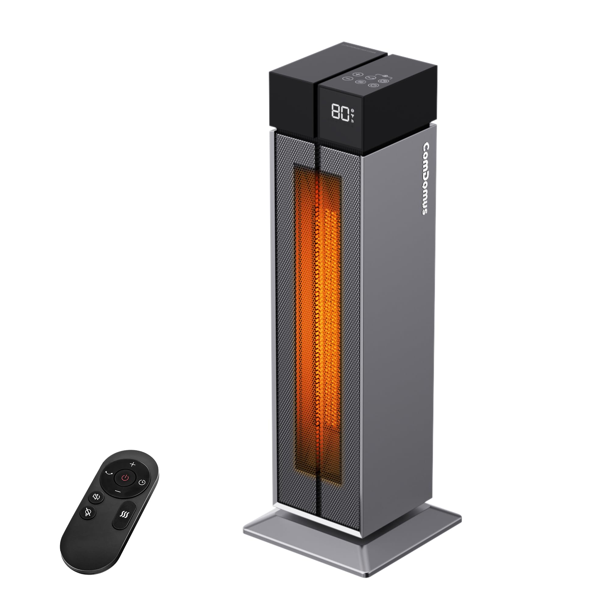 ComDomus Space Heater Large Room, Electric Heaters for Indoor Use, 3 Heat Levels, 3 Modes, Multiple Safety Protections, 25” Silver Tower Heater for Office, Bedroom, Living Room