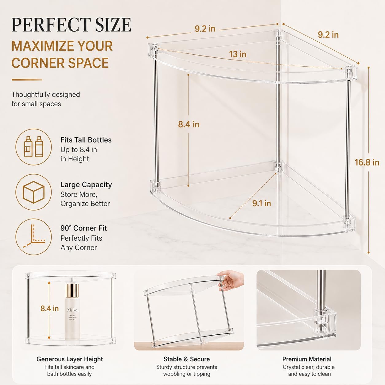 2 Tier Clear Corner Bathroom Counter Organizer, Vanity Countertop Storage Shelf for Makeup, Skincare, Perfume, Kitchen & Sink Organization, Space‑Saving Triangular Design, with Metal Support