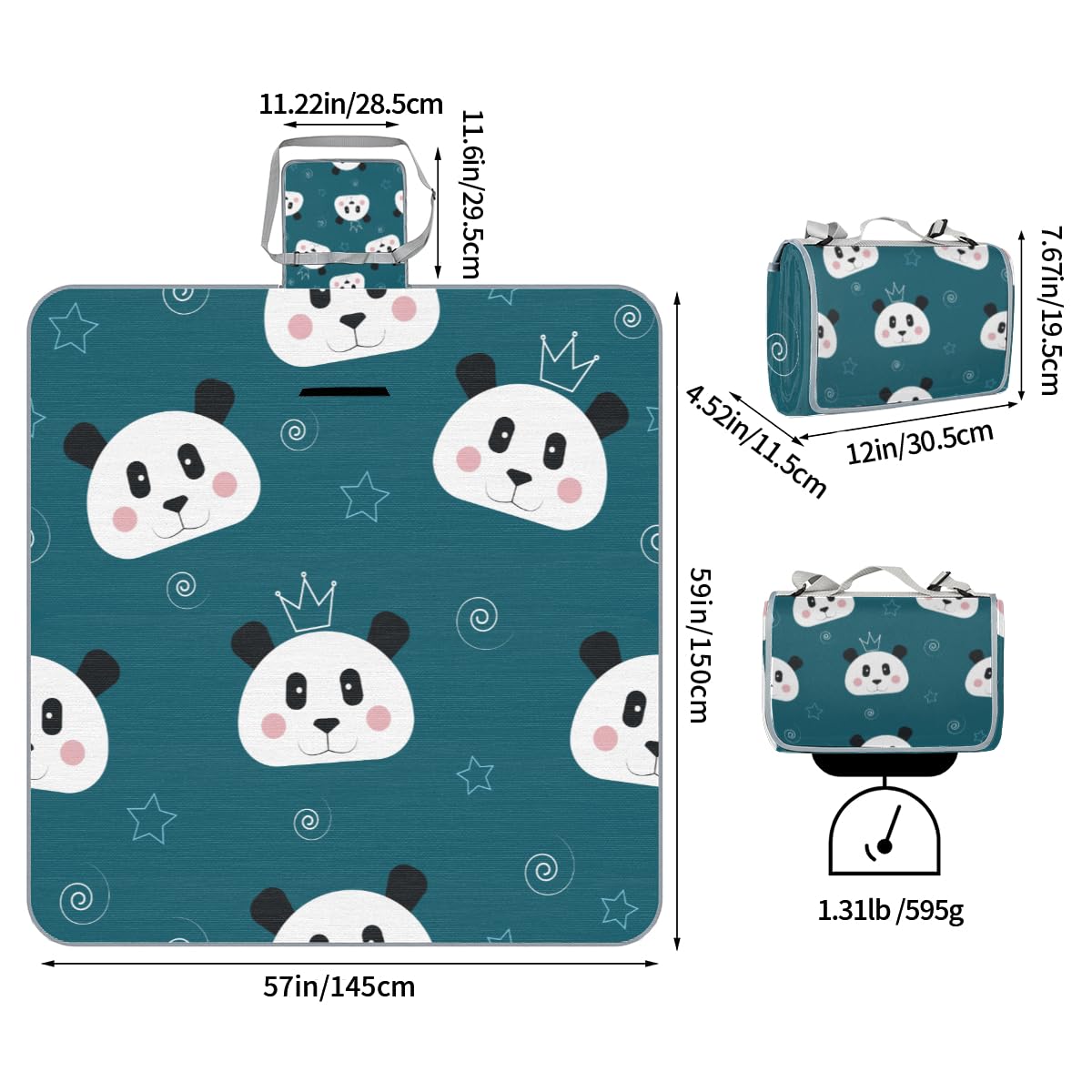 Shimoshe Picnic Blankets 57”x 59”, Crown Panda Waterproof Sandproof Picnic Mat Lightweight Foldable Beach Blanket for Camping Park Grass Beach Outdoor Blanket