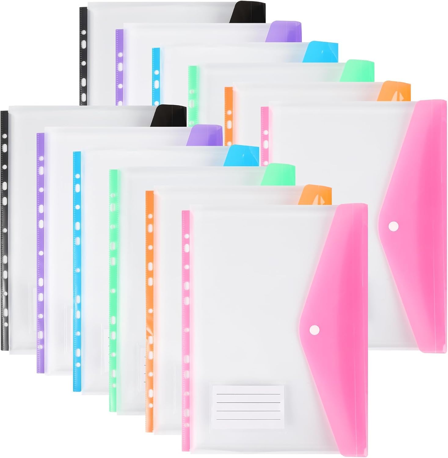 12PCS Plastic Wallets A4 Punched Pockets, 11 Holes Expandable Binder Folders for 2/3/4 Ring Document Pouch with Snap Button & Label Loose-Leaf Transparent for Office School Home (Side Open) — image 1