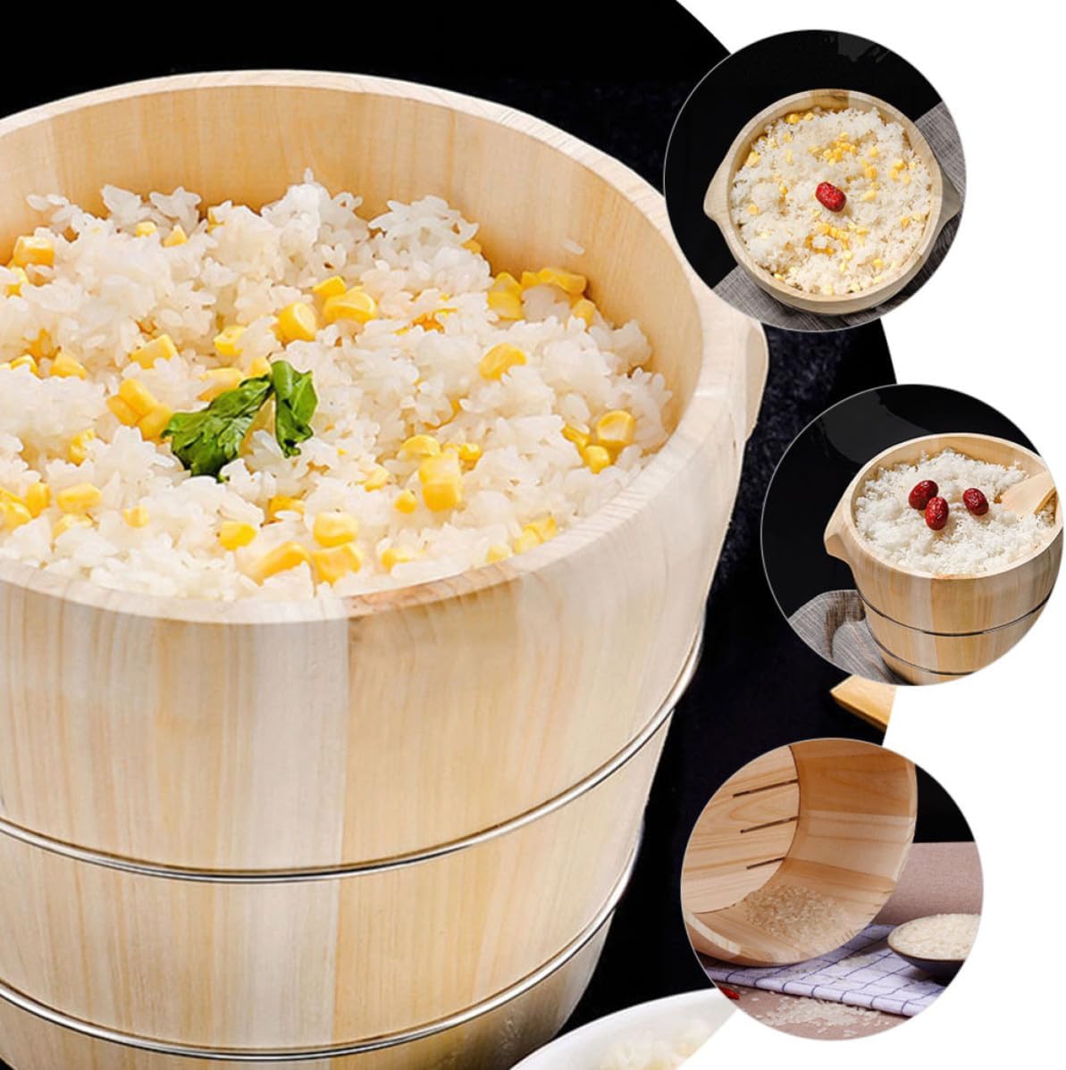Wood Rice Container with Lid, round Steamed Bucket for Home Cooking