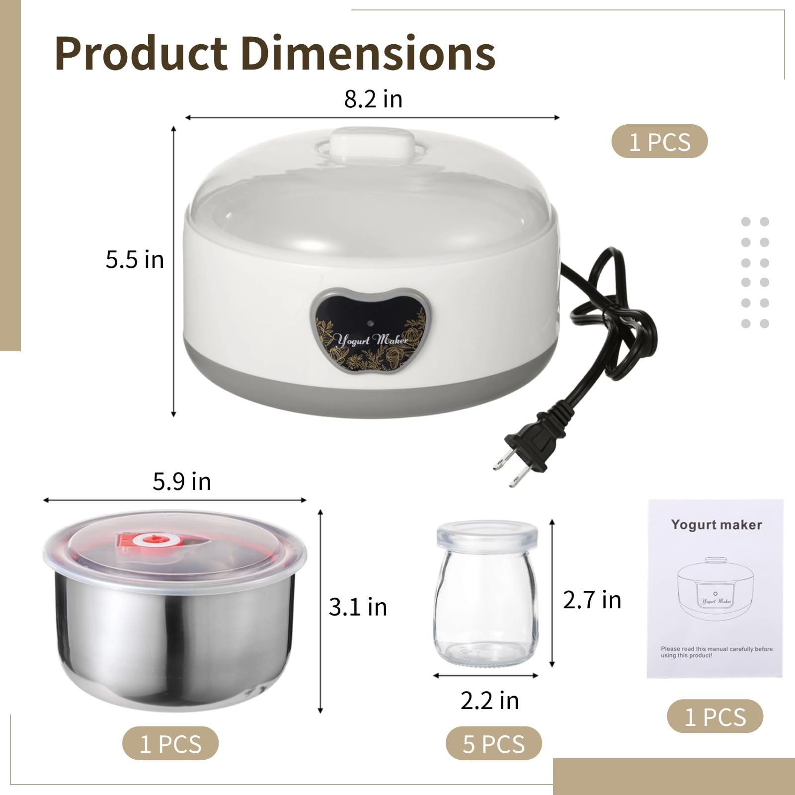 Máquina para hacer yogurt de 15 W, máquina automática de yogur de acero inoxidable de 1,2 L con 5 tarros de vidrio de sellado hermético, temperatura constante automática, calefacción PTC, máquina de