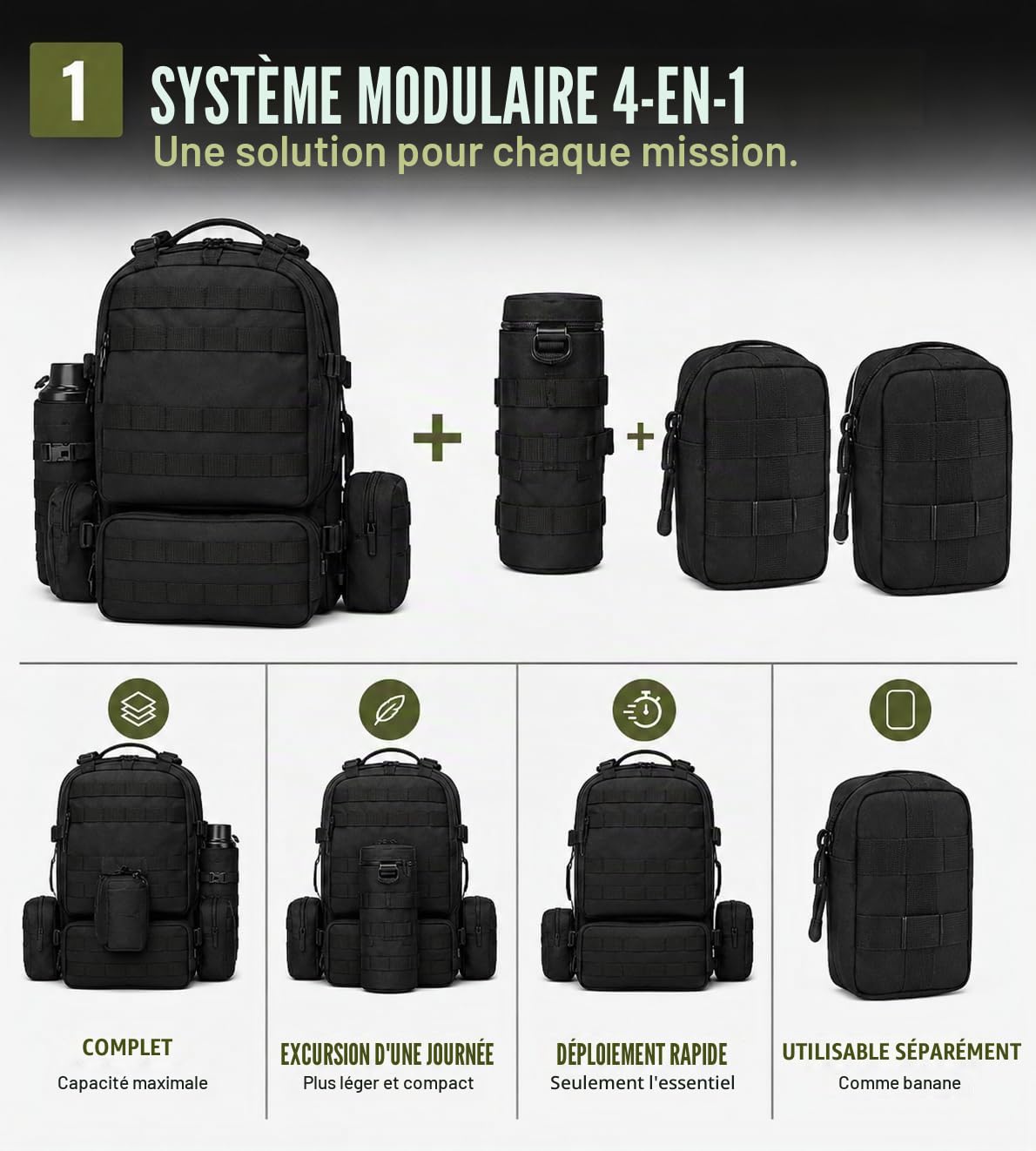 AUMTISC Sac à dos tactique militaire, 35 l, avec 3 poches Molle, protection contre la pluie et porte-bouteille d'eau