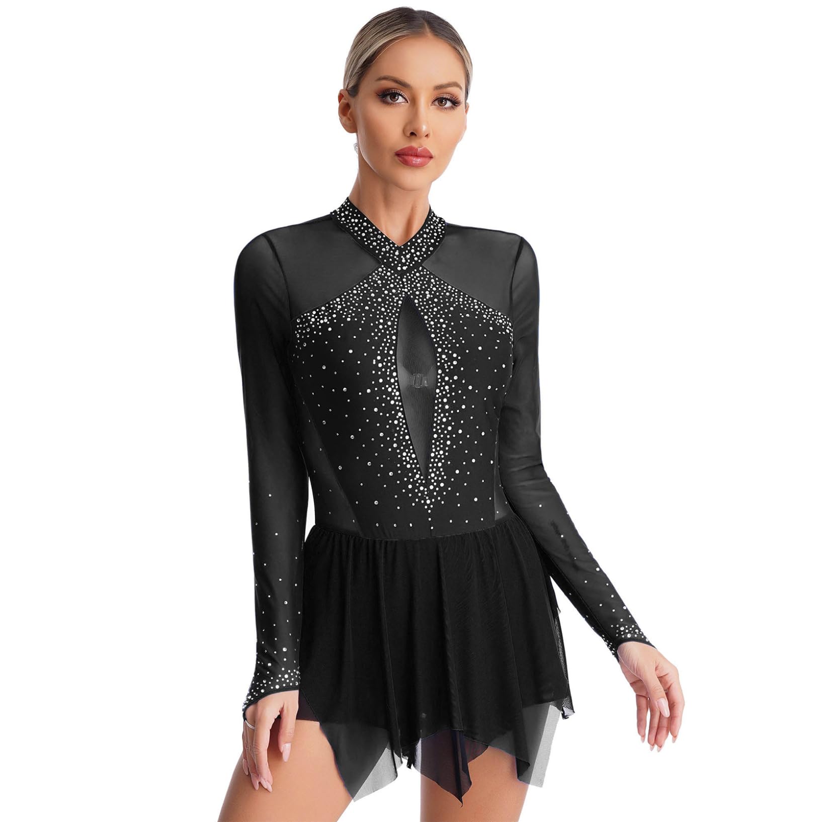 Oyolan Femme Justaucorps Patinage Artistique Gymnastique Danse Strass Brillant Robe Manches Longues Costume Danse