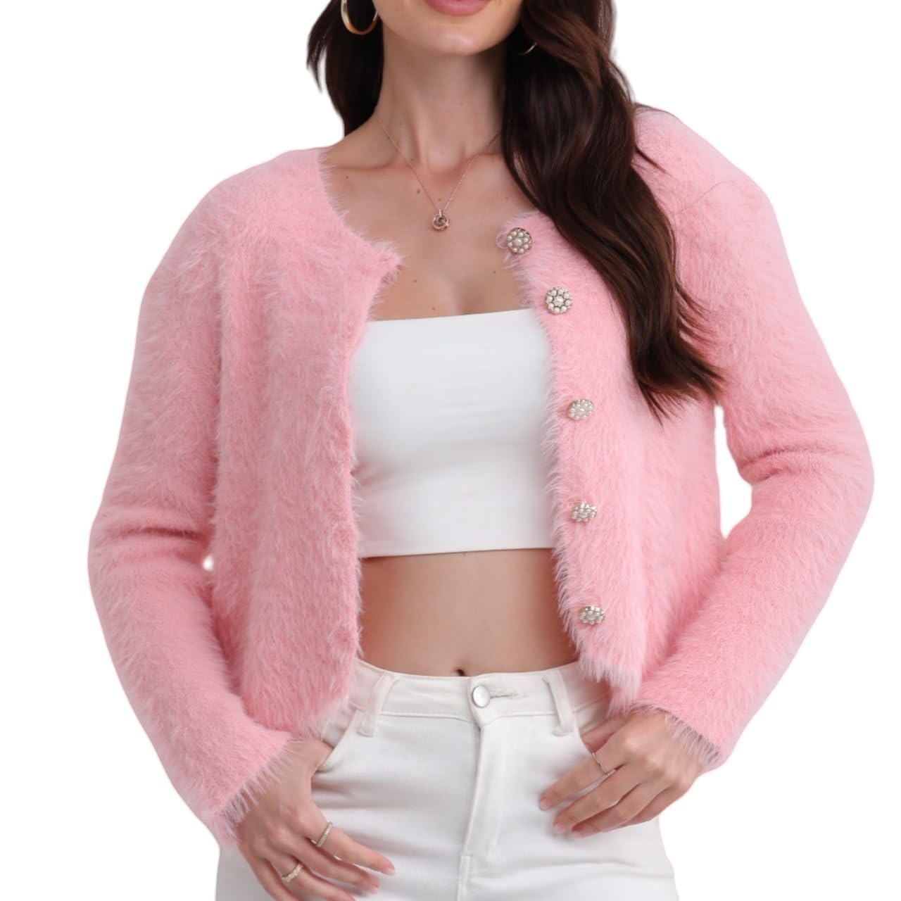 Liuyuyougo Women's Pink Cardigans Fuzzy Knit Sweater Tops Open Front Button Cropped Cardigans Winter Soft Warm Fluffy Fleece Sweater Coats Fashion Shrug Jumpers Knitwear Tops Xs