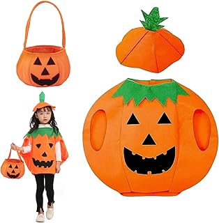 OUOQI Halloween Kürbis Mantel Hut,Kürbis Kostüm,Halloween Kostüm Kürbiskostüm,Halloween Kürbiskostüm mit Kürbis Candy Bag,...
