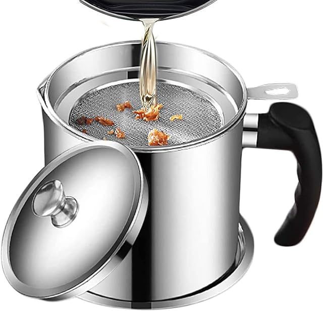 Oil Strainer Pot Grease Can, 1.2L Stainless Steel Cooking Grease Container,Reuse Oil Storage Can Container with Removable Filter Anti-Scalding Handheld and Dustproof Lid for Cooking Oil,Frying Oil